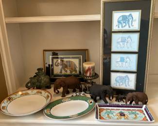 ElephantThemed Decorative Collection with Framed Art, Plates  Figurines