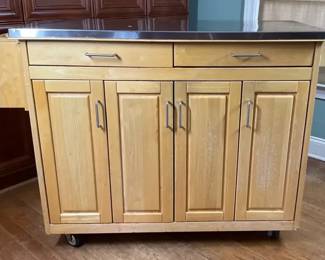 Solid Wood Rolling Kitchen Island with Stainless Steel Top