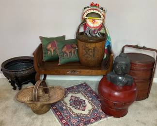 Global   Asian Inspired Home Dcor Collection Carved Wood, Baskets  Buddha Accent