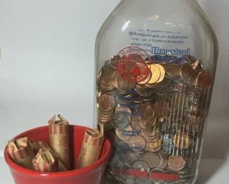 Pounds of Pennies And Homestead Creamery Glass Jug