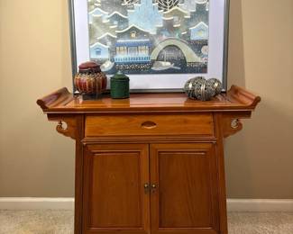 Solid Wood Asian Style Accent Cabinet with Drawer  Double Doors