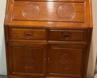 002 AsianStyle DropFront Secretary Desk with Carved Medallions