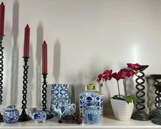 Blue  White Porcelain Collection with Twisted Metal Candlesticks