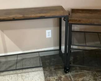Console Table  Rolling Cart Set Rustic Wood  Black Metal