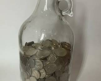 Large Glass Jug Filled with U.S. Coins Dollars,Quarters, Dimes, Nickels 