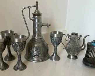 Vintage Pewter Drinkware  Decorative Metal Collection Goblets, Decanter  Teapot