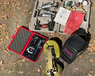 Workshop Tools Lot  Air Tools, Welding Gear, Ratchet Set  Tow Strap