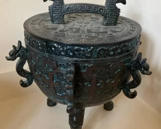 Chinese Style Bronze Ding Incense Burner with Dragon Handles 3 Legged Lidded Censer