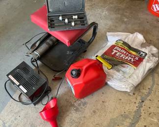 Garage Tools  Supplies Lot  Battery Charger, Oil Drain, Gas Can  More