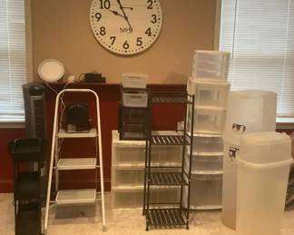 Assorted Home Organization  Storage Lot with Large Wall Clock