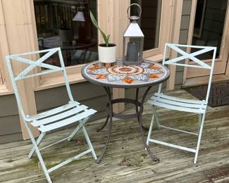 Outdoor Mosaic Bistro Table with 2 Folding Chairs