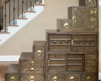 001 AsianInspired Step Tansu Chest  MultiDrawer Cabinet with Brass Hardware
