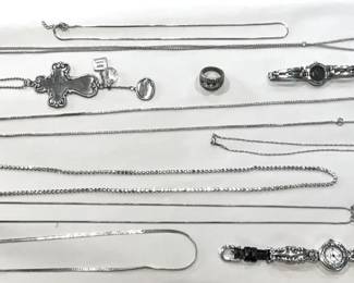Large Silver Tone Jewelry Lot  Necklaces, Cross Pendant, Ring, Bracelet  Watch