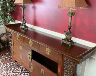 Asian Style Solid Wood Sideboard   Credenza with Brass Hardware