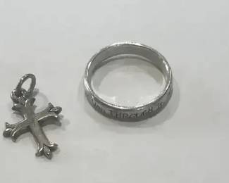 Sterling Silver .925 Cross Pendant  Engraved Band Ring