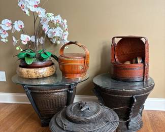 Pair of Woven Rattan Drum Accent Tables with Glass Tops Asian Inspired