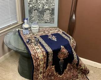 Decorative Home Accent Rug, Framed Art, Paddle  Blue  White Pieces