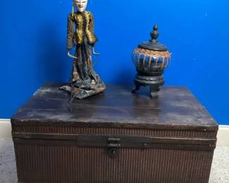 Vintage Asian Decor Antique Trunk, Wayang Puppet  Carved Container