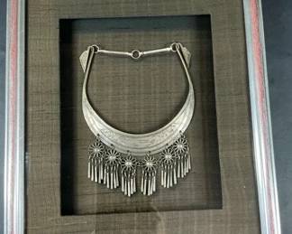 Framed Tribal Style Silver Necklace Wall Art  Ethnic Crescent Design