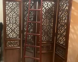 Ornate AsianInspired 4Panel Carved Wood Room Divider with Decorative Ladder