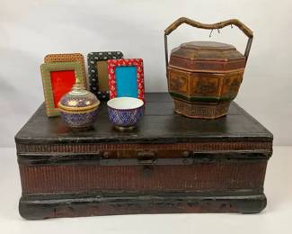 Asian Decor Collection Antique Trunk, Cloisonn, HandPainted Basket  More
