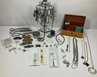 Mixed Jewelry Lot w  Display Stand, Watch Box, Apple Bands, Necklaces, Rings  More