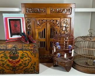 AsianInspired Decorative Painted Chest, Carved Cabinet  Bamboo Birdcages