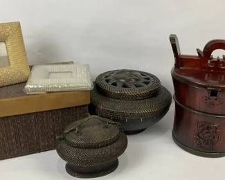 Asian Decorative Boxes  Containers Lot Carved Wood  Woven Pieces