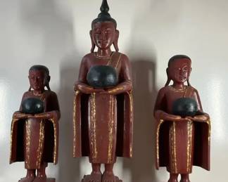 Set of Three Asian Standing Monk Figures Red  Gold with Offering Bowls