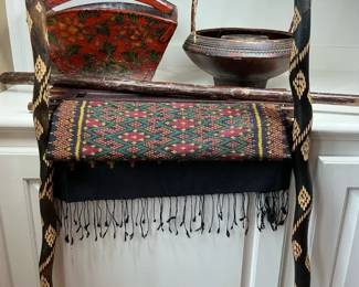 Handcrafted Asian Decor Set  Carved Dragon Wood Rack, Baskets  Textile