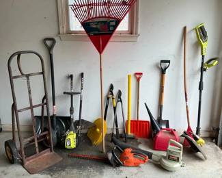 Large Yard  Garage Tool Lot  Blower, Hedge Trimmer, Shovels, Dolly  More