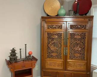 Solid Wood Chinese Carved Armoire  Matching Side Table