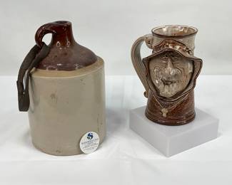 Antique Stoneware Whiskey Jug & John Coiner Art Pottery Mug
