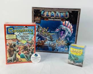 ZMan Games - "Carcassone Under the Big Top" Expansion, Clank "Sunken Treasures" Expansion Kit & Dragon Shield Mint Matte Card Sleeves
