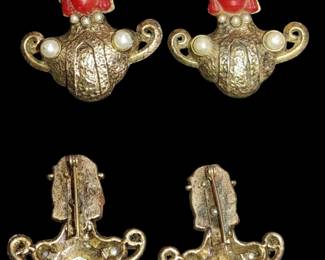 PR. Vintage Selro Selini Asian Thai Princess Brooch Red Faux Pearls Jewelry