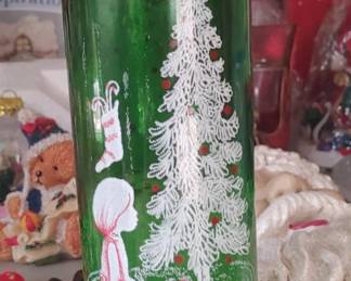 Mid Century Vtg Green glass Christmas Tree little girl pillar candle jar