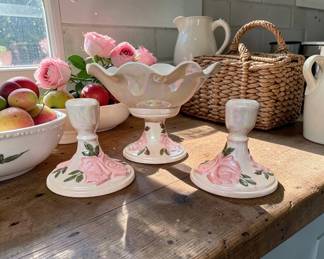 Beautiful ceramic hand painted console bowl and matching candlesticks by Joyce Smith