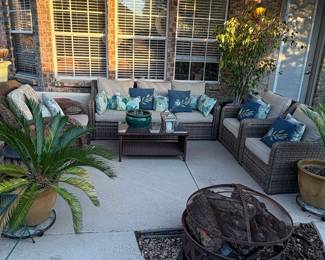 Wicker and Metal Outdoor Furniture Set with Fire Pit and Dining Set