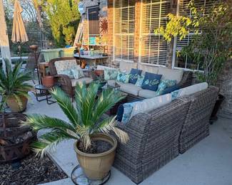 Wicker and Metal Outdoor Furniture Set with Fire Pit and Dining Set