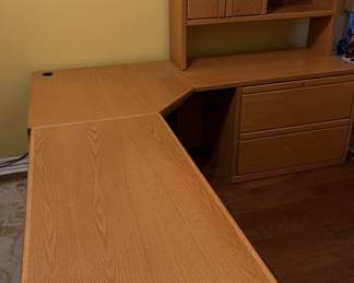 Vintage Light Oak L-Shaped Executive Desk with Hutch