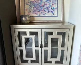 JB115Silver Toned Wood Cabinet, Butterfly Art,  Ceramic Bowl