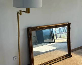 JB152Framed Wood, Gold Painted Mirror  Gold Tone Floor Lamp