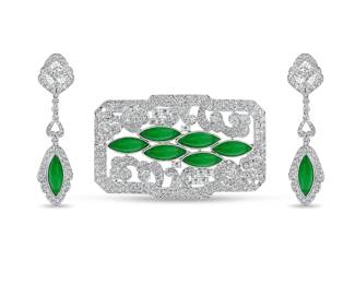 Lot 9931 Jadeite Jade Brooch Earrings with Diamonds