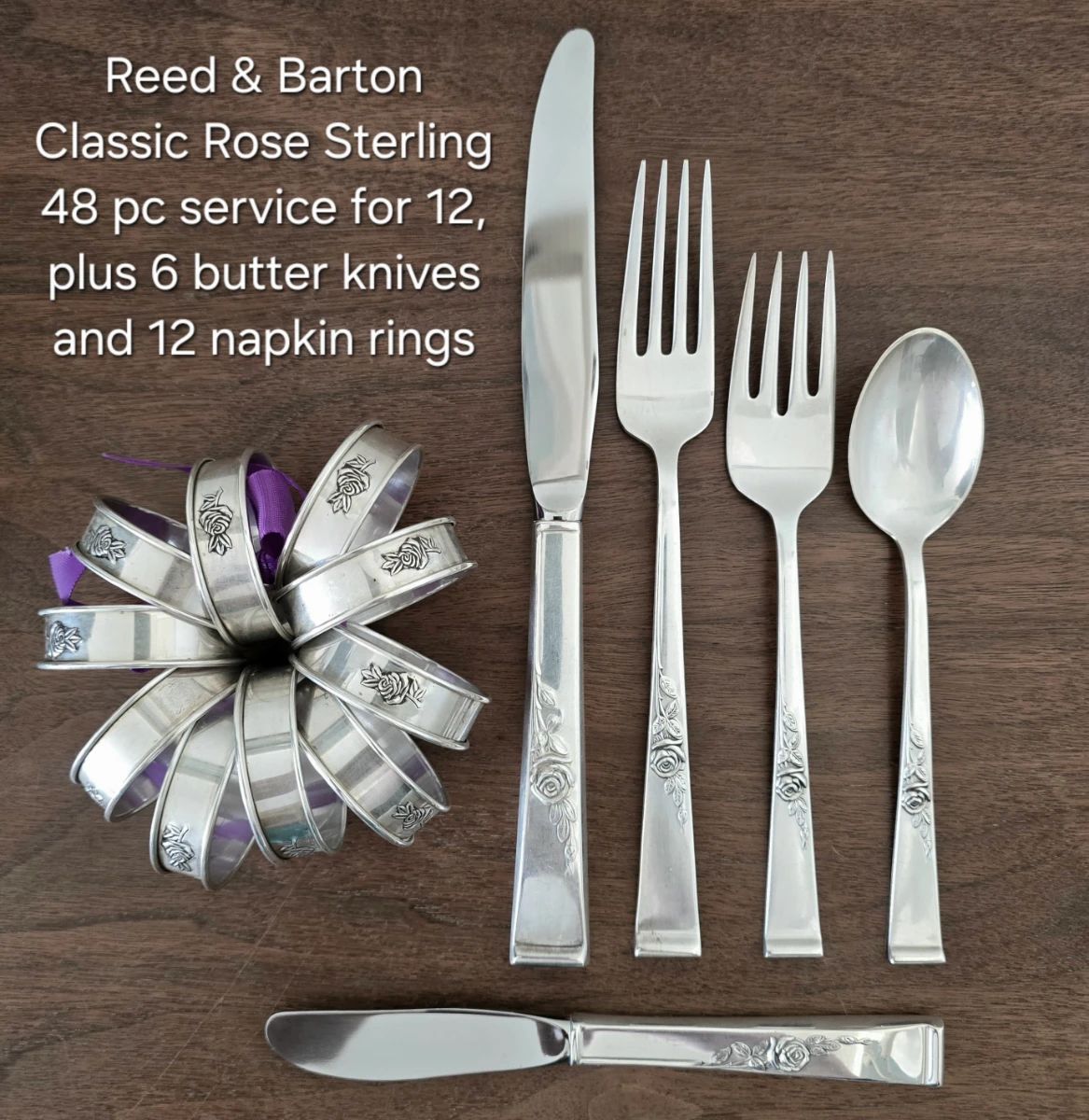Reed & Barton "Classic Rose" sterling 48 piece service for 12, plus 6 butter knives and 12 napkin rings