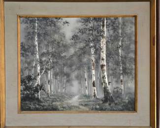 Original oil painting of a road through birch trees, signed MK