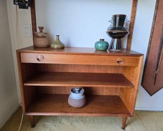 Stunning Danish Modern vintage teak wall unit; Tove vintage art pottery