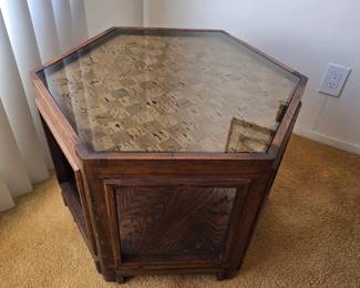 Vintage 1960s wood, cork & smoked glass side table