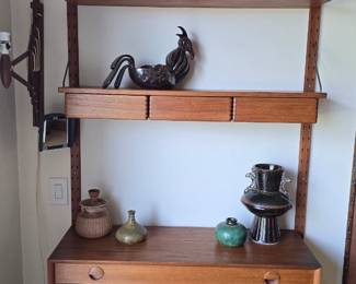 Stunning Danish Modern vintage teak wall unit; Tove vintage art pottery