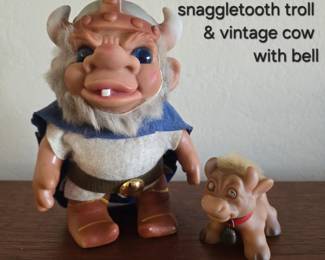 Vintage John Nissan blue eyed snaggletooth troll  vintage cow with bell