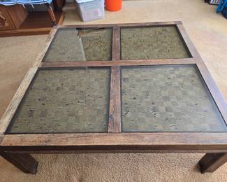 Vintage 1960s wood, cork and smoked glass coffee table